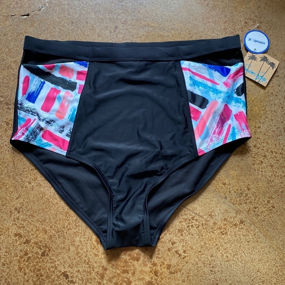 Swimsuits for All multicolored highβ waist cut out geometric print swim bottom
